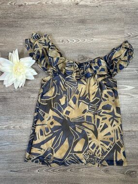 Lauren Ralph Lauren Abstract Floral Off Shoulder Top Ruched Y2K Blouse Size 10